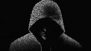 A dark digital artwork of an anonymous hooded figure constructed from numbers, symbolizing hacking,