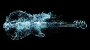 A stunning digital artwork of an electric guitar composed entirely of glowing blue energy