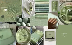 green and white collage with various items