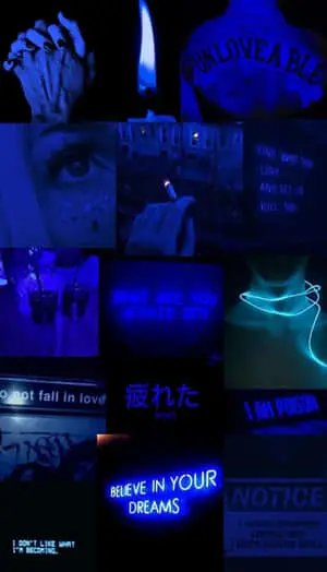 a collage of blue pictures with words and words