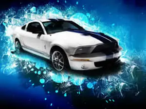 a white car with blue and white stripes on it