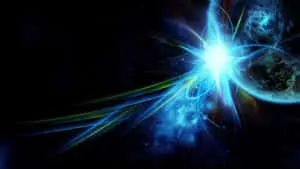 a blue space background with a star and planet