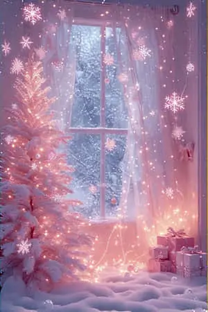 Cozy Christmas Scene Pink & White Festive Wallpaper 4K