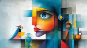 Cubist portrait with bird and geometric elements, Picasso-Feininger	