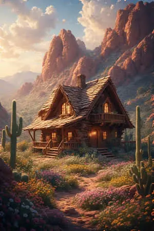 Desert Oasis Cabin with Wildflowers  Warm Nature 4K