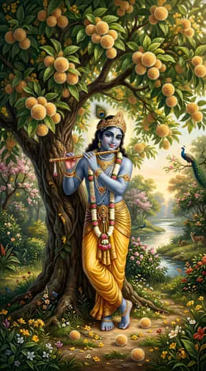 Divine Bansuri and Peacock Feather on Ethereal Blue Mystical Background with Glowing Energy Particle