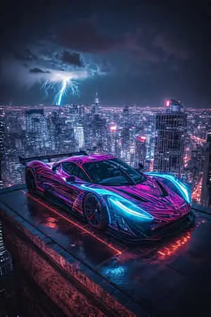 Exotic Hyper car on Neon City Rooftop Dramatic 4K