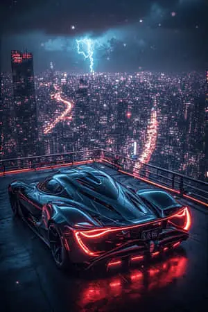 Exotic Hyper car on Neon City Rooftop Dramatic 4K
