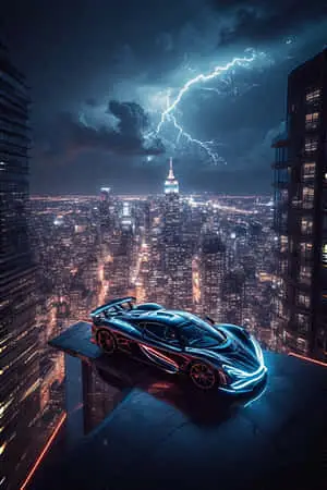 Exotic Hyper car on Neon City Rooftop Dramatic 4K