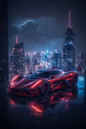 Exotic Hyper car on Neon City Rooftop Dramatic 4K