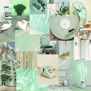a collage of pictures of green and white items