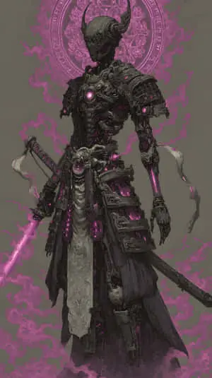 Iridescent armored warrior glowing pink energy
