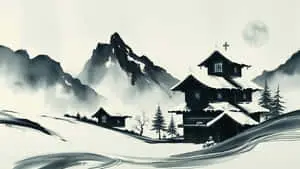 Minimalist ink Wash Winter Village Landscape