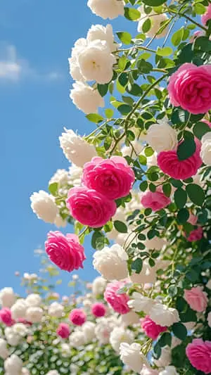 Pink & White Roses: Blue Sky Garden Fresh Wallpaper