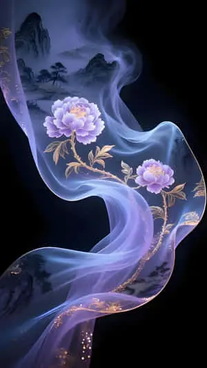 Purple Ribbon & Peonies: Chinese - Style Ethereal Wallpaper