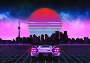 Retrowave Sports Car Cityscape 4K