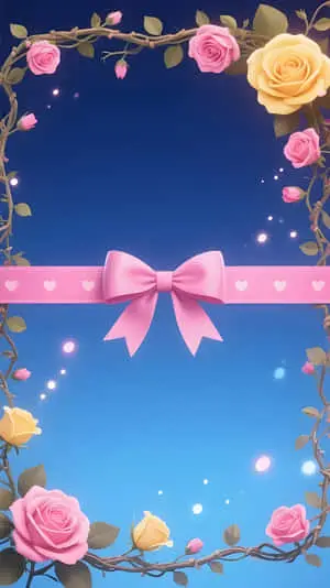 Romantic Rose Frame with Pink Bow Wallpaper