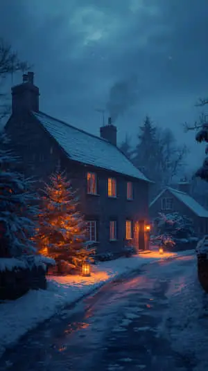 Stone Cottage in Snowy Winter Night with Christmas Lights